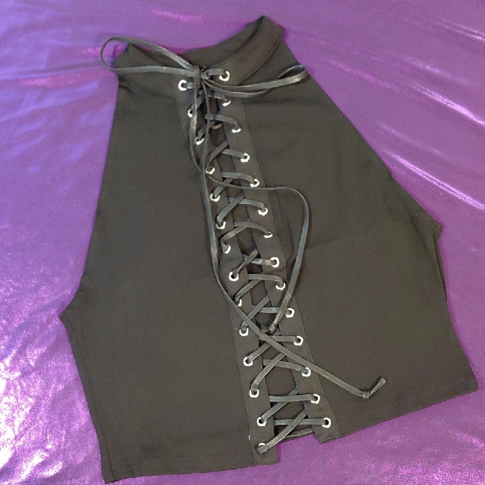 DOLLSKILL WIDOW XXL BLACK IMMORAL REVOLUTION LACE UP HIGH NECK RAZOR BACK TOP